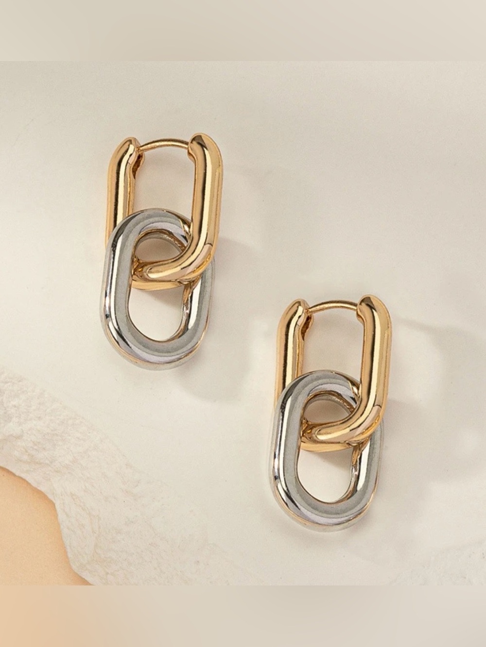 Two-Tone Gold & Silver U link Huggie Hoop Earrings - Modern Link Design